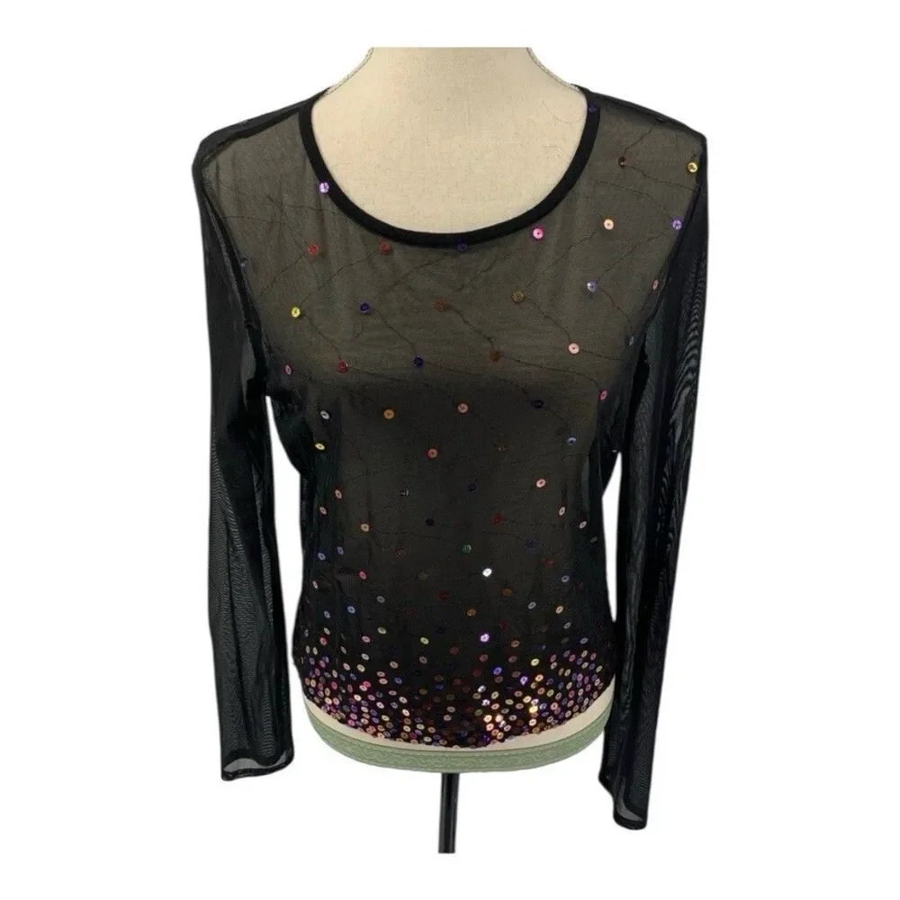 Vintage Cache Y2K Mesh Black Top Multi Colored Sequins Size Medium